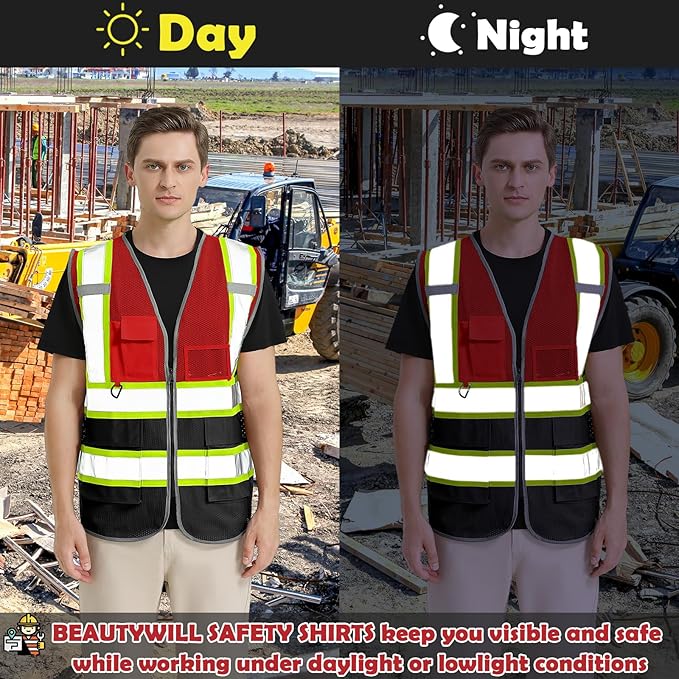 BeautyWill 10 Pack Custom Logo Safety Vest ANSI Class 2 High Visibility Reflective Vest Personalized Construction Vest Bulk