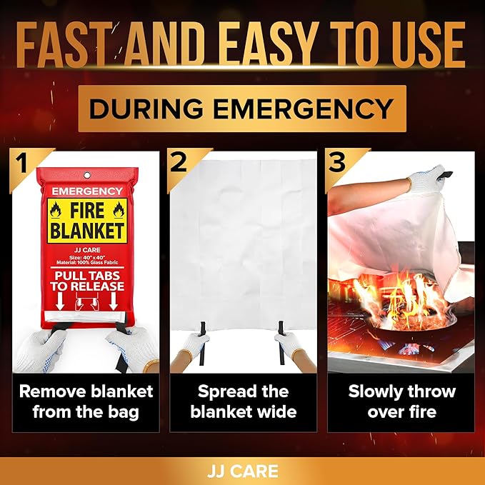 JJ CARE Fire Blanket – 8 Packs with Hooks and Gloves – Emergency Fire Blanket for Home & Kitchen, High Heat Resistant Fire Suppression Blankets for Home Safety, Kitchen, and Camping