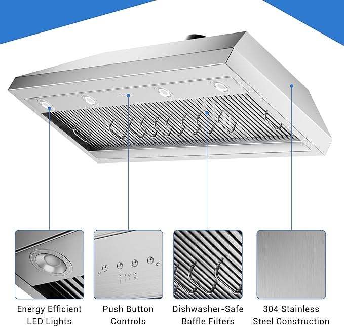48-inch Range Hood Insert with Inline Remote Blower, CT Copper Tailor 1260CFM Kitchen Vent Hood, 4-Speed Exhaust Fan, 4 LED Lights, 8" Round Ducted,Baffle Filters, in Stainless Steel