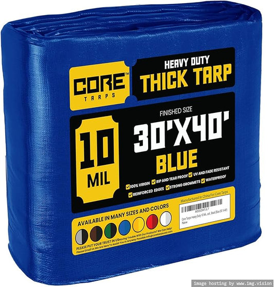 Core Tarps Heavy Duty 10 Mil Tarp Cover, Waterproof, UV Resistant, Rip and Tear Proof, Poly Tarpaulin with Reinforced Edges for Roof, Camping, Patio, Pool, Boat (Blue 30′ X 40′)