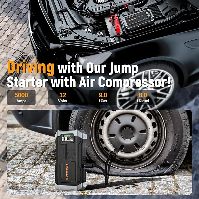 Povasee Jump Starter with Air Compressor 5000A Portable Jump Box up to 9L gas/8L Diesel,inflates Tires to 150PSI 12V Car Battery Jumper Starter