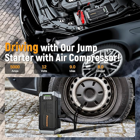 [2025NEW Model] 5000A Jump Starter with Air Compressor,Battery Jumper Starter Portable with 150PSI Tire Inflator 12V Jump Box with LCD Display,Flashlight,Storage Case (Up 9L Gas/8L Diesel Engine