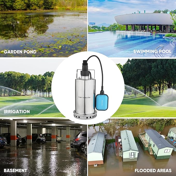 Sump Pump, 3/4 HP 3180GPH Submersible Utility Water Pump, Stainless Steel Portable Electric Water Removal Transfer Pump with 16.4FT Cord for Swimming Pool Basement Garden Pond Tubs Draining