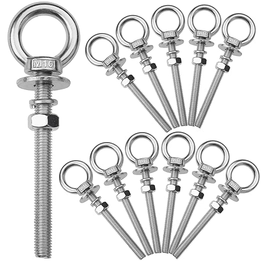 12 Pack M10 Stainless Steel Eye Bolts with Nuts, 3/8" x 4" Long Lifting Ring Eye Bolt， Eye Bolts Heavy Duty for Hang Tie Down Outdoor (12, M10x102mm (3/8"x4"))