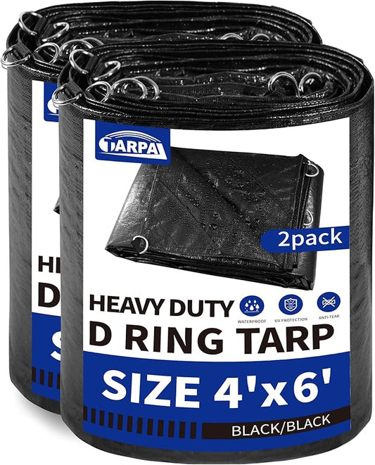 TARPAL Tarp 4x6 Feet (2pack) Heavy Duty Tarps 14mil D-Ring Waterproof Tarp for Outdoors UV Protection Triangular Sewing Design Reinforced Corners and Edges（Black）