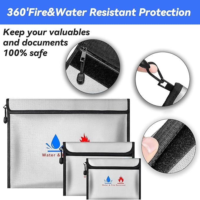 Fireproof Waterproof Money Document Bag - 3 Pack Safe Upgraded Zipper Bags, Fire & Water Resistant Storage Organizer Pouch for A4 A5 Documents Holder,File,Cash,Jewelry,Passport,Tablet,Laptop