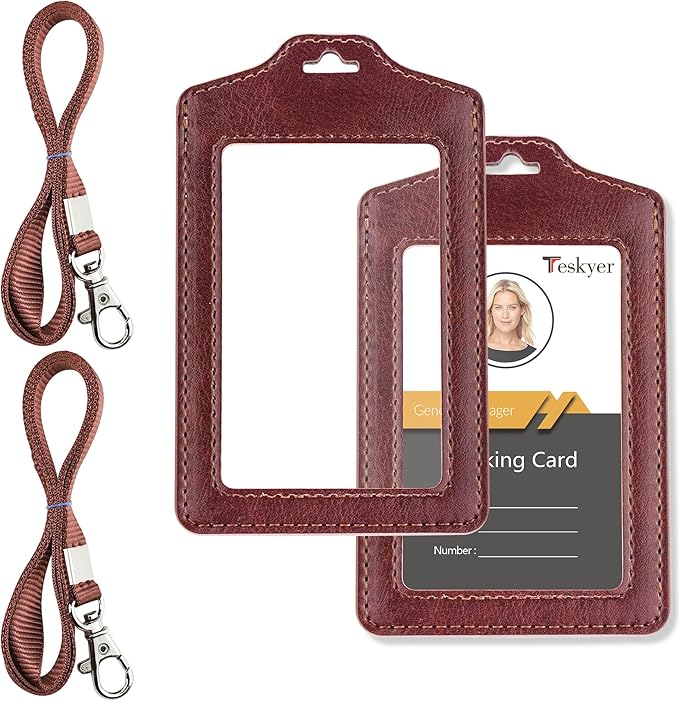 Teskyer 2 Pack of Double Sided Clear Badge Holder with Lanyard, PU Leather ID Badge Name Card Holder with Stainless Steel J-Hook Nylon Lanyard for Work ID, School ID, Metro Card, Access Card, Brown