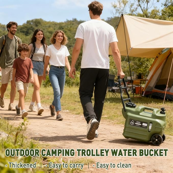 7.4 Gallon Water Jug,Camping Water Container with Wheel、Pull Rod,BPA-Free with Spigot Cleaning,Brush Military Green Tank Portable,Suitable for Outdoor Camping and Hiking