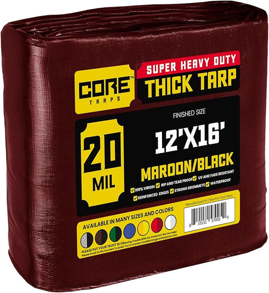 Core Tarps Extreme Heavy Duty 20 Mil Tarp Cover, Waterproof, UV Resistant, Rip and Tear Proof, Poly Tarpaulin with Reinforced Edges for Roof, Camping, Patio, Pool, Boat (Maroon/Black 12′ X 16′)
