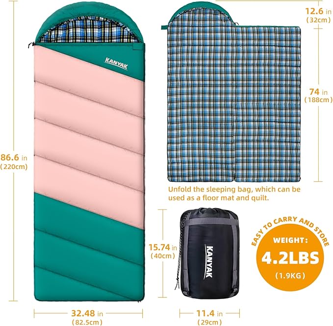 Cotton Flannel Lined Sleeping Bag for Adults Teens Kids, Cold Weather & Warm, 3 Seasons, Lightweight Compact Camping Essentials Equipment, Hiking, Outdoor, Travel