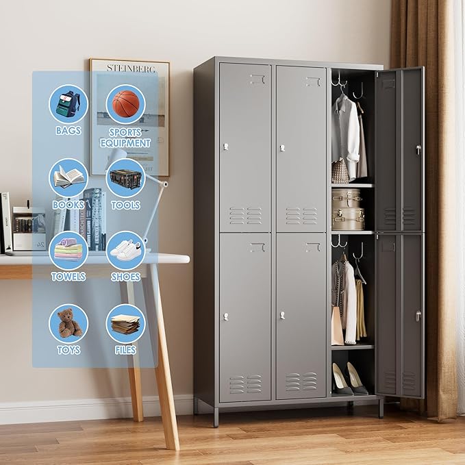 Metal Lockers for Employees with 6 Doors and 18 Hooks, 72”H Storage Locker with Card Slot for Office Gym School Bedroom, Assembly Required, Dark Gray