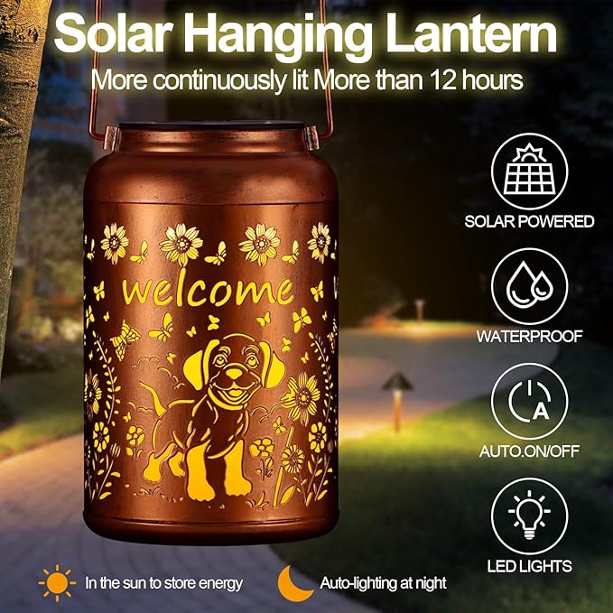 Solar Lantern Outdoor Hanging Waterproof Outside Metal Openwork Hummingbird Pattern Birthday Gifts for Women Mom Landscape Lights for Porch Garden Yard Patio Pathway Decor(Dogs)
