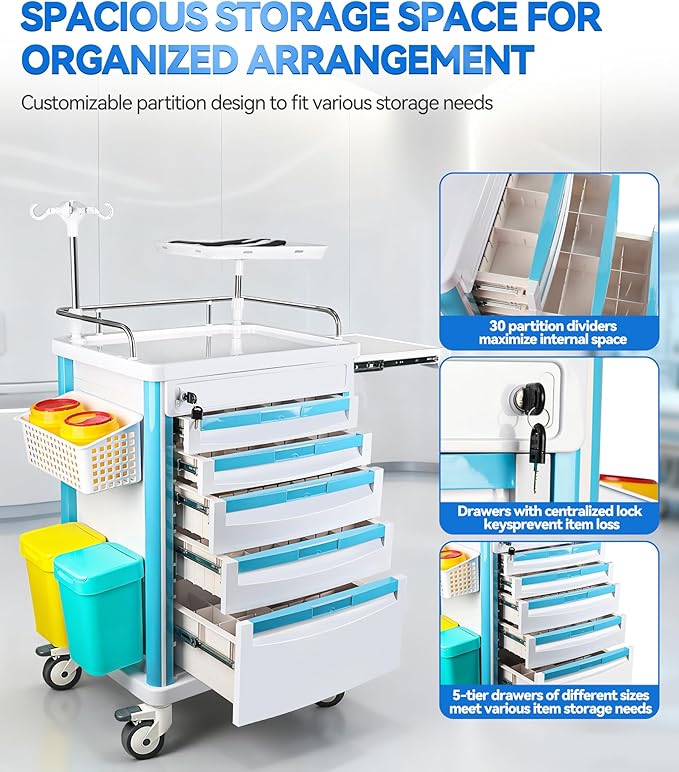 Medical Rolling Storage Crash Cart with Wheels & Drawers, Hospital Mobile Ultrasound cart with 5 Drawers & Power Strip,IV Pole,Needle Disposal,O2 Holder,Nursing Emergency Cart for Hospital, Clinic
