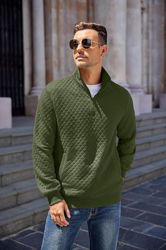 COOFANDY Mens Quarter Zip Pullover Quilted Sweatshirt Knit Long Sleeve Mock Neck Sweater Polo with Pocket