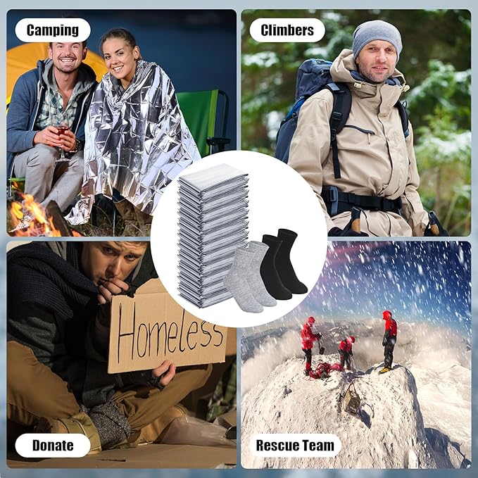 Suhine 200 Pcs Homeless Care Package Supplies Bulk 100 Emergency Survival Thermal Blankets 100 Socks Unisex Winter for Men Women Outdoors First Aid