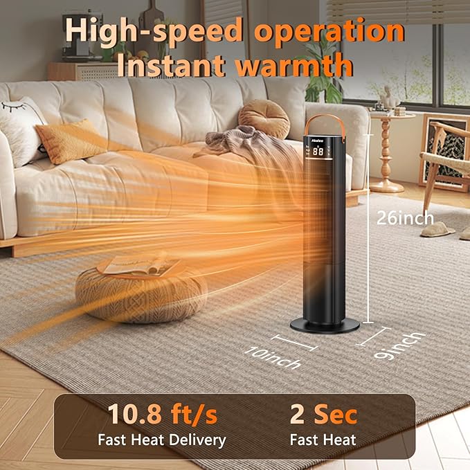 Space Heaters Indoor Use, 26" 12ft/s Electric Heater with Remote, 1500W Electric Heaters with 75°Oscillation, 1-12H Timer, PTC Electric Heater for Large Room, Bedroom Home Office
