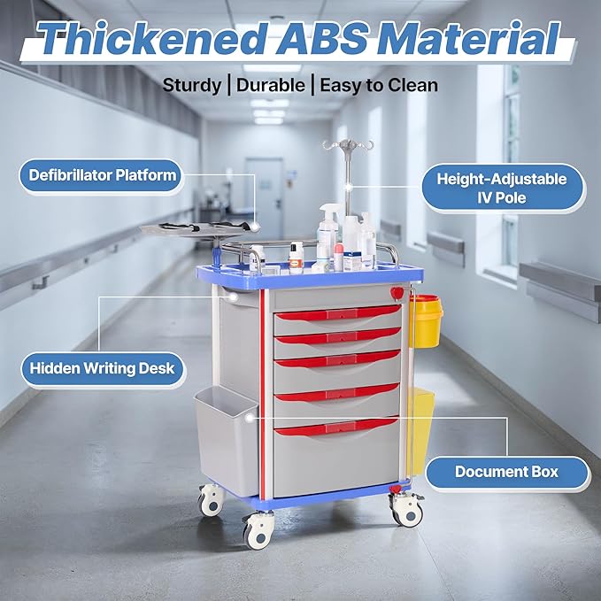 Careboda Medical Crash Cart with Drawers, Emergency Rolling Cart with Silent Casters, Adjustable IV Pole, Power Strips, ABS Trash Bin, O2 Holder, for Hospitals, Clinic, Nursing Centers, 350lbs
