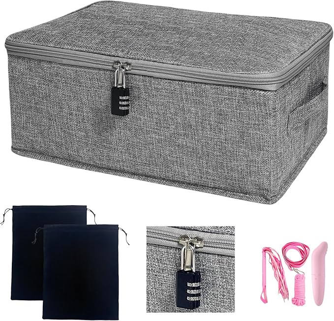 Locking Game Toy Storage Organizer Lock Box Toy Storage Bins Game Toys Storage Bags with 2 Drawstring Bags, Large capacity 15 x 10 x 6.3 Inches (Gray)
