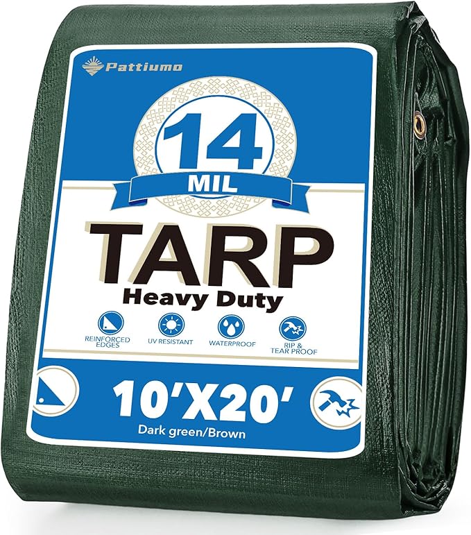 Tarp Waterproof 10 X 20 FT 14 Mil Heavy Duty Tarp Multipurpose Tarps Heavy Duty Waterproof Protective Cover UV All Weather Resistant for Shelter Camping, Green/Brown