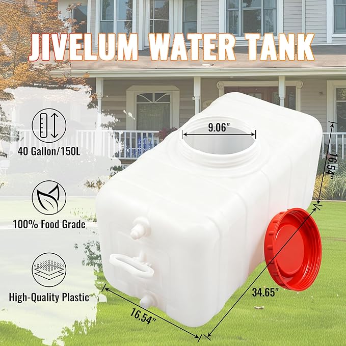 40Gallon/150L Water Storage Tank, Portable Water Tank for Outdoor Camping,Farms and Gardens, Rectangular Translucent White