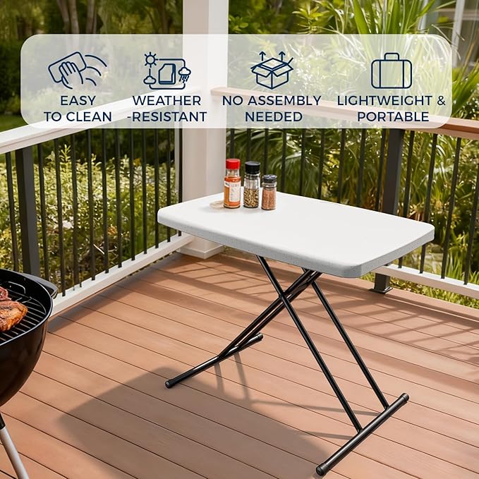 Folding Table, 30 Inch Adjustable Height Foldable Picnic Table, Portable TV Tray & Laptop Desk for Small Spaces, Dorms, Patio, Camping, BBQs, RV Travel, or Crafting, Easy to Fold and Store