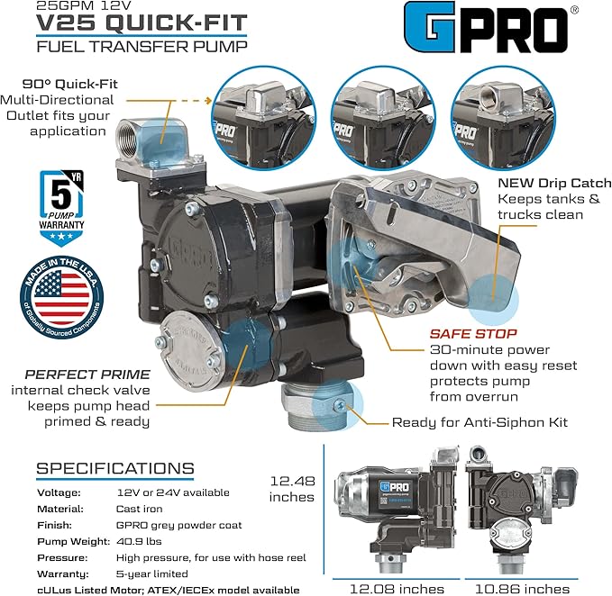GPRO V25 Fuel Transfer Pump, Automatic Shut-Off Nozzle, 24 Volt, 25 GPM Fuel Pump, 18 ft. Hose, Power Cord, Adjustable Suction Pipe (170001-03)
