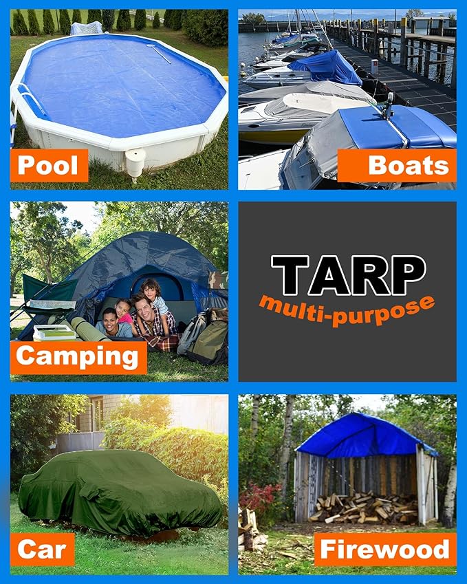 3 Pcs Large Waterproof Tarp 12 x 16 ft Heavy Duty 5.5 Mil Thick Poly Tarpaulin with Grommets Multipurpose Protective Cover for Summer Home Boats Cars Camping RV Pool Tent