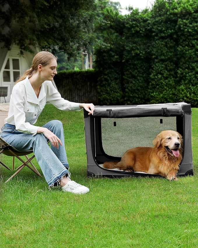 33-Inch Collapsible Travel Dog Crate, Portable 4-Door Soft Kennel for Medium to Large Dogs, Chew-Proof Mesh Windows, Indoor/Outdoor Use, Foldable, with Storage Bag (Grey)