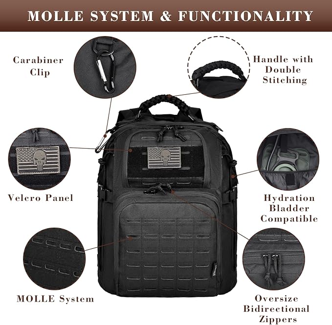 Military Tactical Backpack for Men, 40L Molle EDC Daypack Work Backpack for Trekking, Army 3 Days Assault Pack & Bug Out Bag with Water Bladder Compartment, Hiking Rucksack