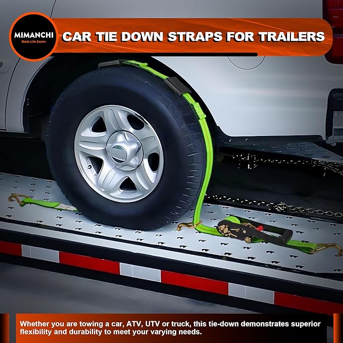 Car Tie Down with Double J Hooks, 2" x 10' - 4PCS, Heavy Duty Tire Ratchet Straps for a Car Trailers with Rubber Blocks Wheel Tie Down Straps, Secure Car Hauler, Truck, SUV
