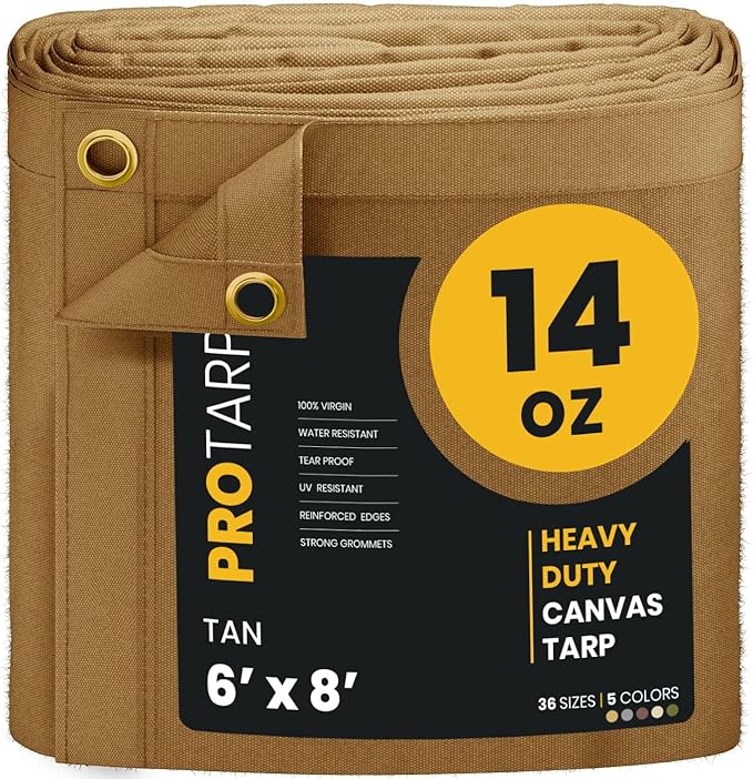 PROTARP Heavy Duty 14 OZ Water Resistant Canvas Tarp, UV Resistant Tarpaulin Cover with Rustproof Brass Grommets, Multipurpose for Canopy, Roof, Camping, Woodpile (Tan 6'X8')