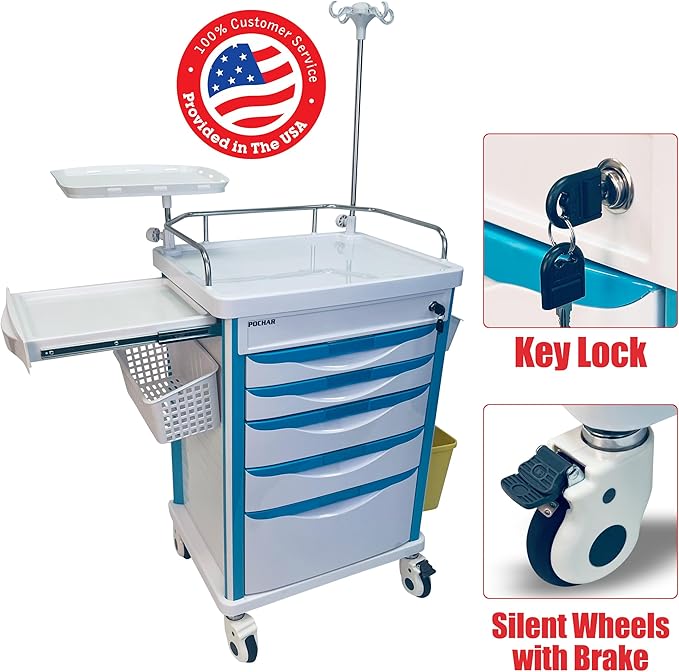 Pochar Medical Crash Cart with Emergency Accessory - Cardiac Board, IV Pole, O2 Holder, Power Strip, Trash Bin, Drawers with Dividers - Mobile Emergency Cart for Hospitals and Clinics