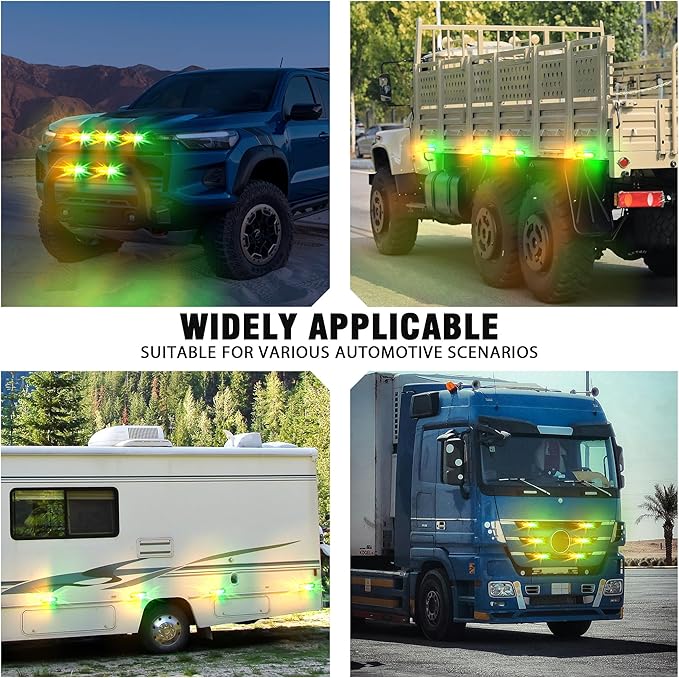 WINECO 8PCS LED Strobe Lights kit12V Sync Feature Green Amber 12LED Emergency Hazard Warning Lights with Strobe Controller for Trucks Vehicles ATV RV Cars Van