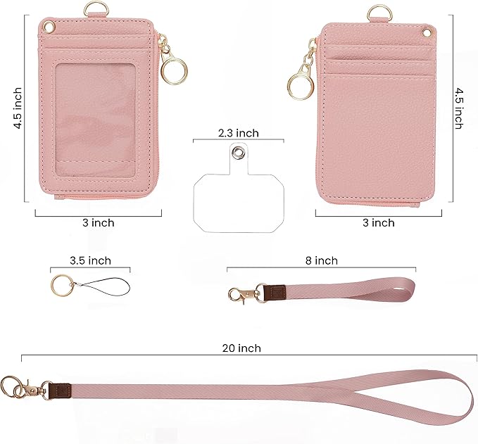 2-in-1 ID Badge Holder & Lanyard Wallet - Multi-Use Womens Small Wallet with Removable Wristlet & Neck Lanyard, Clear Window, 5 Card Slots, Phone Holder, Ring Keychain - Nude Pink