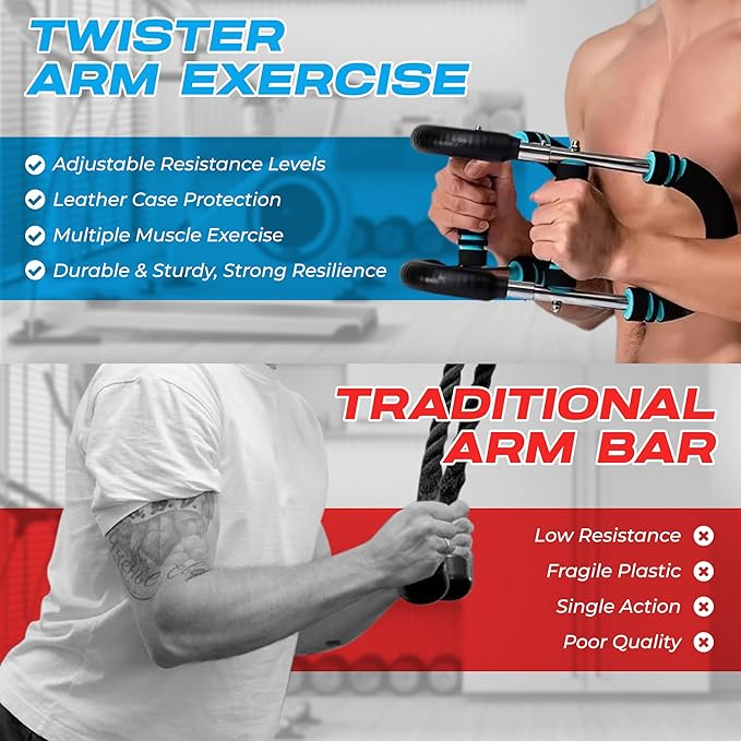 Adjustable Twister Arm Trainer for Chest, Biceps & Forearms – 12-Level Resistance Arm Exerciser Bar (40–130 lbs) | Upper Body Strength Training Equipment with Durable Steel Build & Carry Bag
