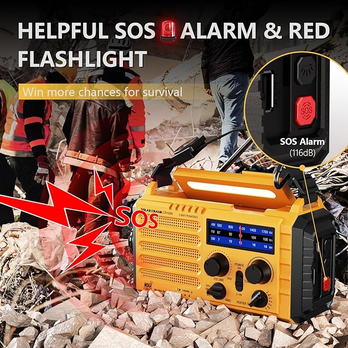 Emergency Weather Radio, 5 Ways Powered Crank Solar Radio, Portable AM/FM/SW/NOAA Weather Radio Battery Operated with Cellphone Charger, Camping Flashlight, Reading Lamp, SOS Alarm for Home Outdoor