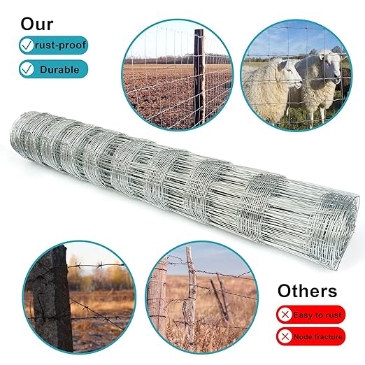 Farm Fence 40in x 33ft Galvanized Field Wire Fencing,Heavy Zinc Coating Cattle Fence,Deer Fence,Goat Fence,Hog Wire Fence for Yard Garden & Animals Protection