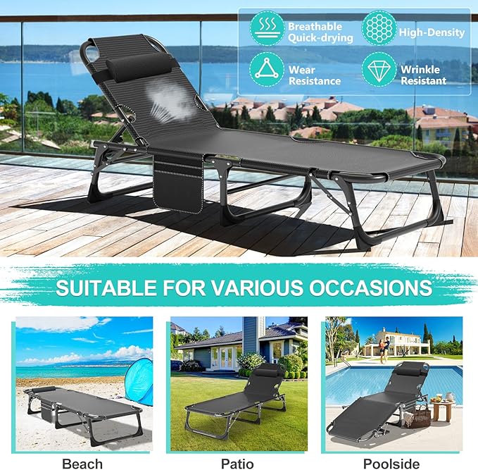 ABORON Patio Lounge Chair, Folding Guest Bed Cot for Adults, 500LB Heavy-Duty Capacity, Portable Extra Bed with Comfort Mat, Quick Fold Design for Indoor Guest Stays & Temporary Use