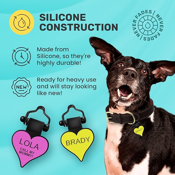 SiliDog - The Original Silicone Silent Dog Tag - Personalized Engraved Soundless Pet ID - As Seen On Shark Tank - Durable - Never Fades - Heart - Pink