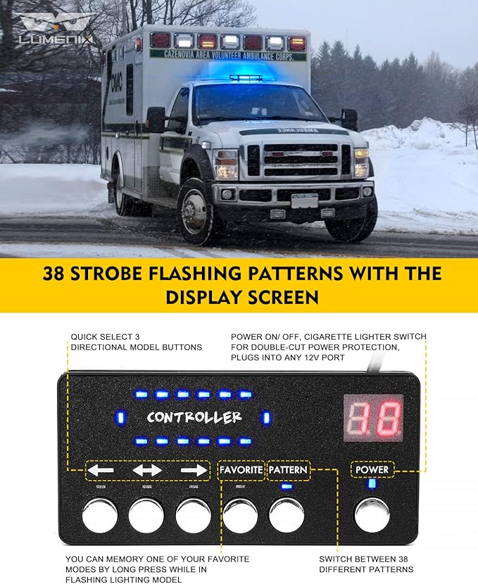 LUMENIX 42 LED Roof Top Strobe Beacon Light Bar Hazard Warning Emergency Flashing Police Cop Lights with Controller for First Responders Volunteer Firefighter POV Vehicles Trucks Blue (Patent Design)