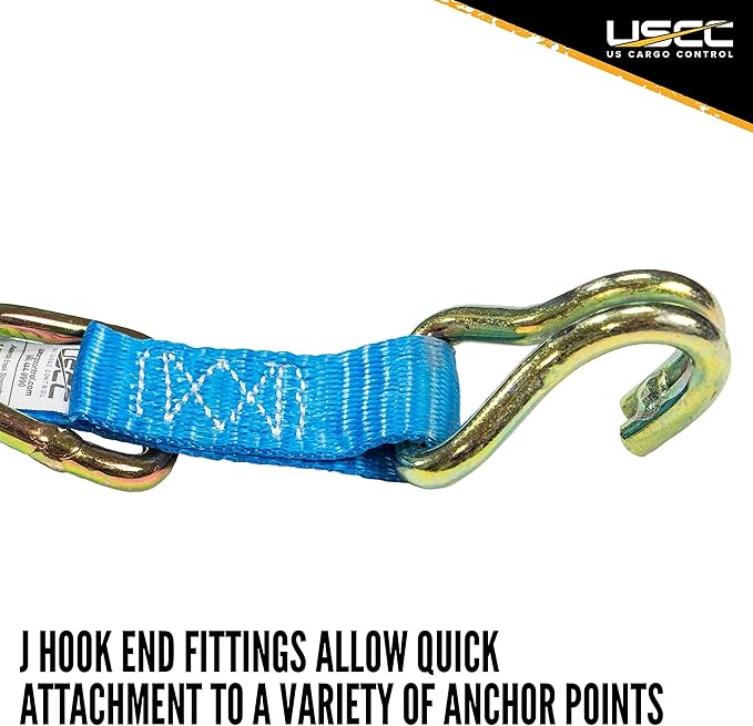 US Cargo Control J Hook Ratchet Strap 1" x 20', 1 Inch Ratchet Straps with Double J-Hooks & D-Rings, 1,320 LBS Break Strength, Versatile Cargo Tie Downs for Pickup Trucks, Trailers, & More