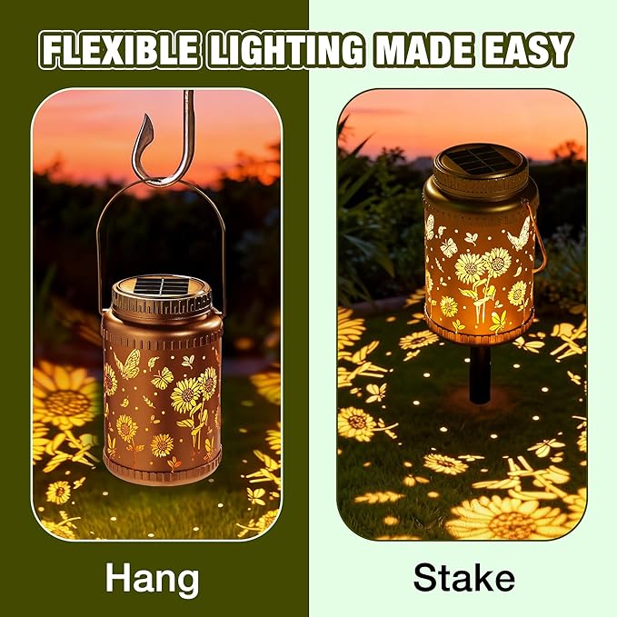 Cooo 6 Pack Solar Lanterns Outdoor Waterproof Sunflower Butterfly Solar Pathway Lights Landscape Path Christmas Gifts for Women Mom Grandma for Outdoor Table Lamps Garden Yard Backyard Decor -Gold
