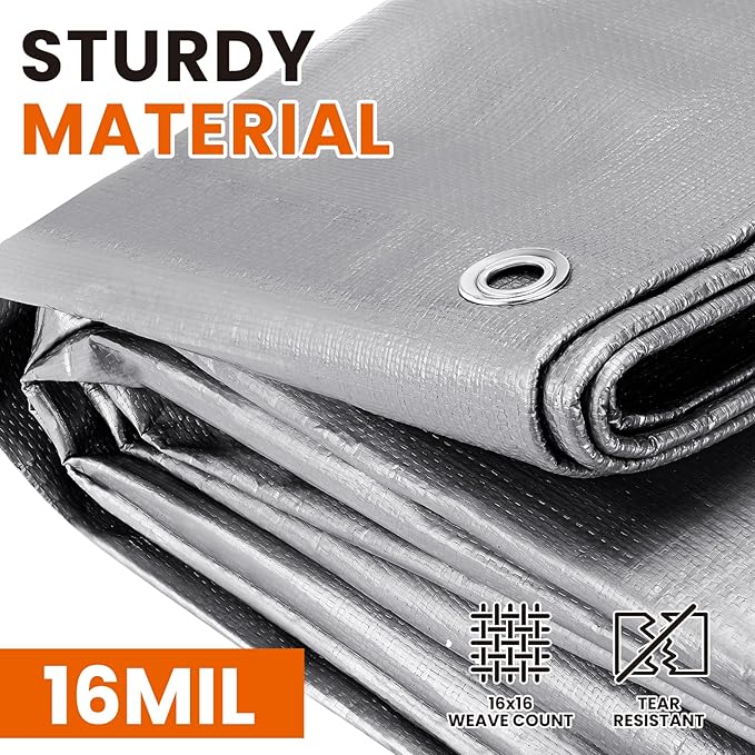12x16 FT Tarp Waterproof, 16 Mil Tarps Heavy Duty Waterproof Multipurpose Protective Cover UV Resistant Rip & Tear Resistant with Grommets Reversible for Home Boats Cars Camping