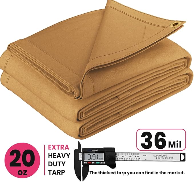PROTARP Extreme Heavy Duty 20 OZ Water Resistant Canvas Tarp, UV Resistant Tarpaulin Cover with Rustproof Brass Grommets, Multipurpose for Canopy, Roof, Camping, Woodpile (Tan 20'X40')
