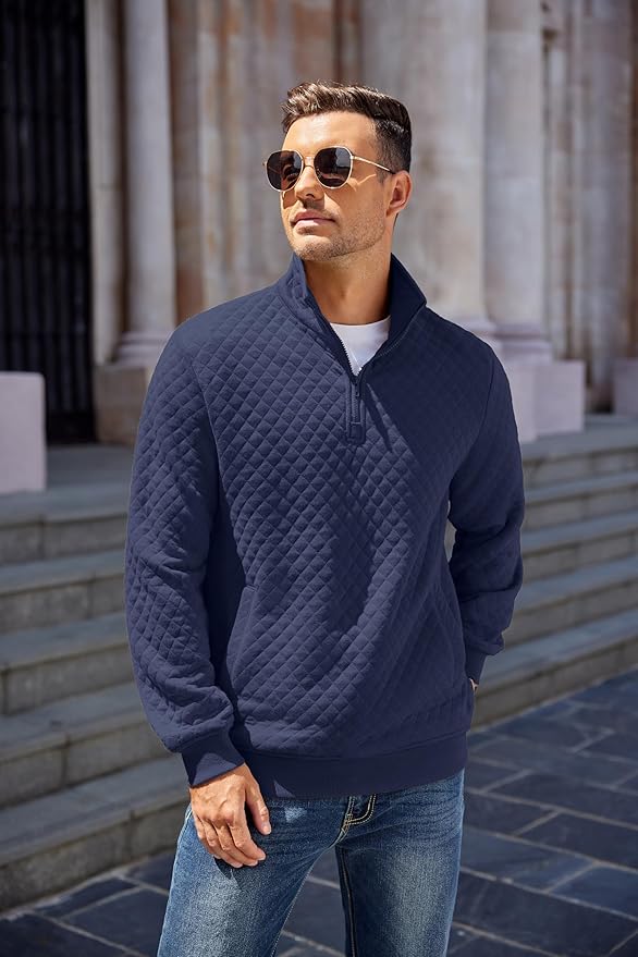 COOFANDY Mens Quarter Zip Pullover Quilted Sweatshirt Knit Long Sleeve Mock Neck Sweater Polo with Pocket