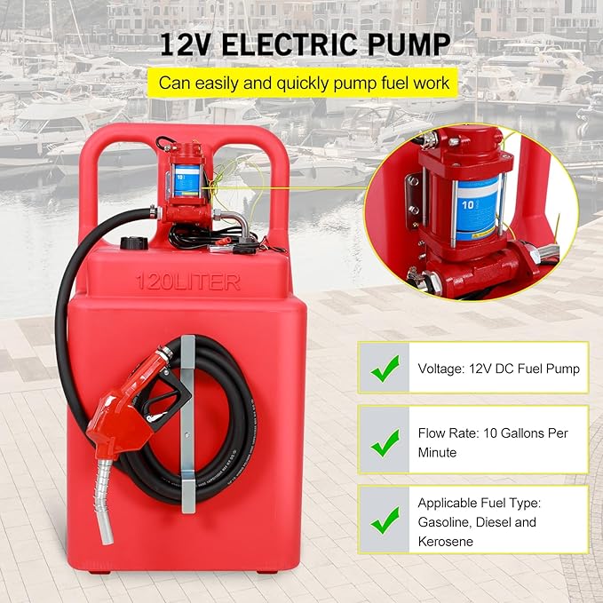 Gasoline Fuel Caddy Tank with Pump 32 Gallon, Portable Fuel Transfer Tank for Diesel & Gasoline with 12V 10GPM Electric Transfer Pump, Auto Fueling Nozzle, 13ft Hose, Sturdy Wheels