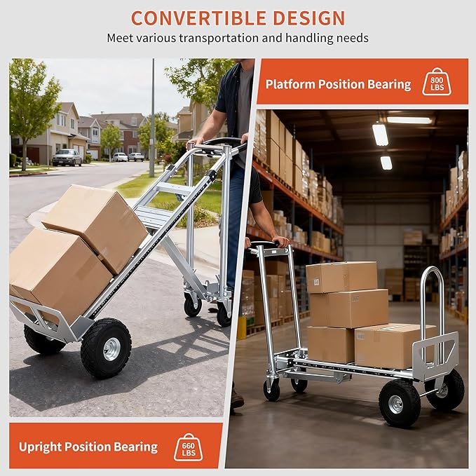Aluminum Convertible Hand Truck, 800lbs 3 in 1 Folding Dolly Cart Lightweight Frame,Heavy Duty Industrial Platform Cart Handtruck for Construction, Logistics, Shopping, Home, Office Moving (Silver)