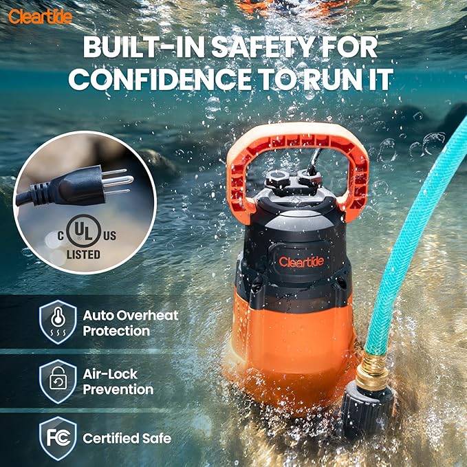 Cleartide Submersible Sump Pump, 1/3 HP Utility Water Pump for Pool Draining, Hot Tub, Basement,100% Copper Motor, Electric Drain Pump Handles 3/8" Solids, 10 FT Cord