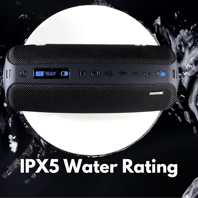 Saver By Emsonic - Portable Bluetooth Speaker, Waterproof Speaker with Carbon Monoxide Detector & FM Radio - 24-Hour Playtime, 40W Powerfull Sound & Deep Bass - Black