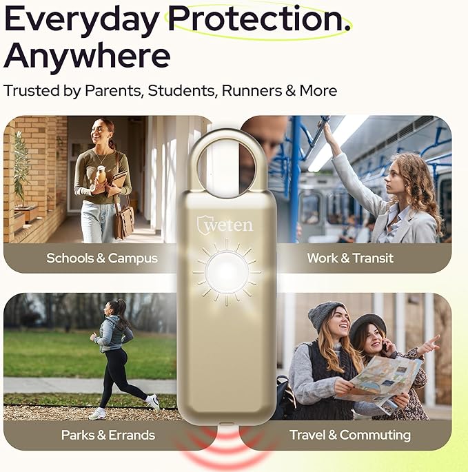 Weten Personal Safety Alarm Keychain – 130dB Siren with Bottom Speaker, LED Light, Wristlet & Carabiner Clip – Weatherproof Self Defense Alarm with Low Battery Alert (Gold Satin)